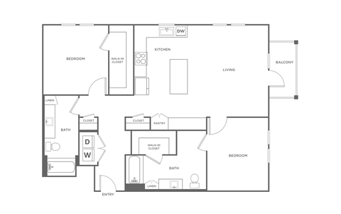 A floor plan of a house with a living room, two bedrooms, a bathroom, a pantry, and a balcony.